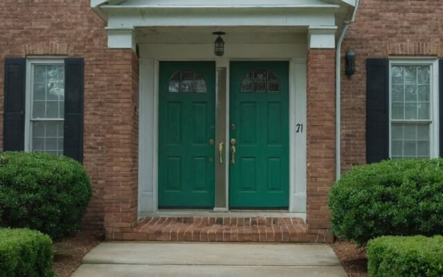 Concrete entry steps in front of a brick house with a green double door and shrubs in Fayetteville, NC