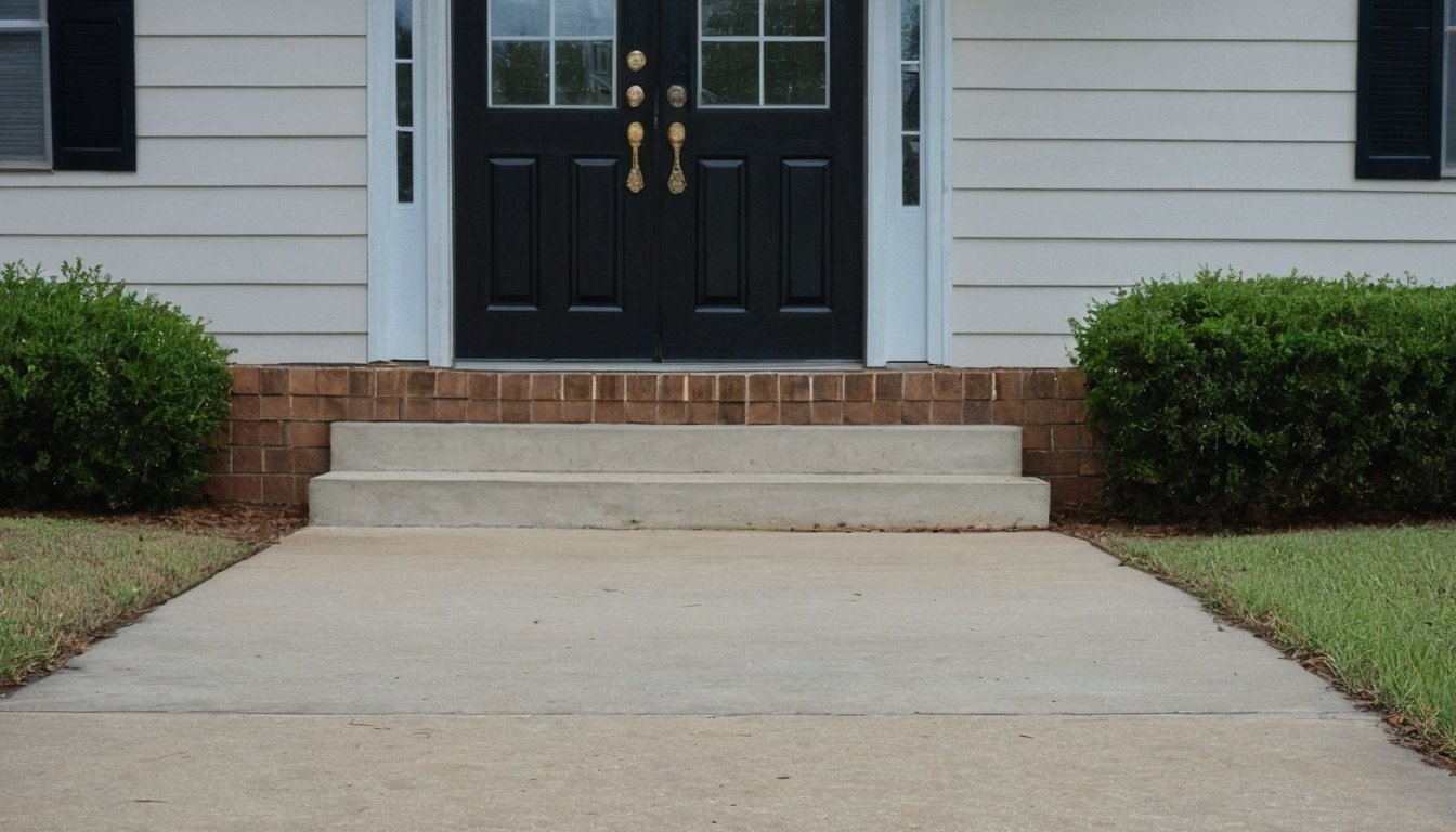 Concrete front walkway and brick steps leading to a black double door with shrubs on both sides in Fayetteville, NC