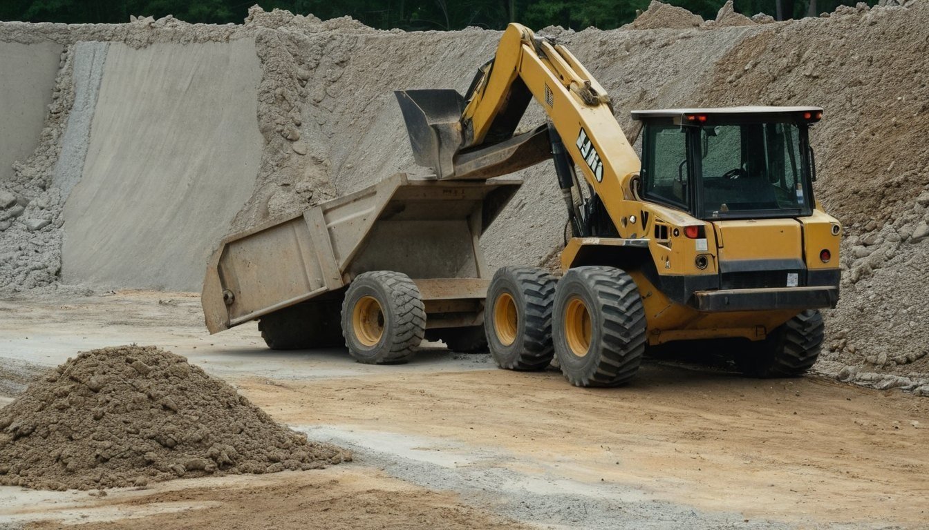 Skid steer dumping broken material beside a pile of sand and soil in Fayetteville, NC