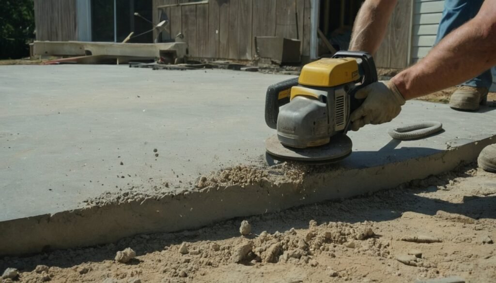 Worker using an angle grinder on the edge of a concrete slab in Fayetteville, NC
