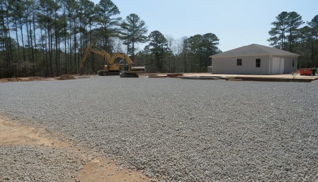 Compacted gravel base ready for new concrete beside a house in Fayetteville, NC
