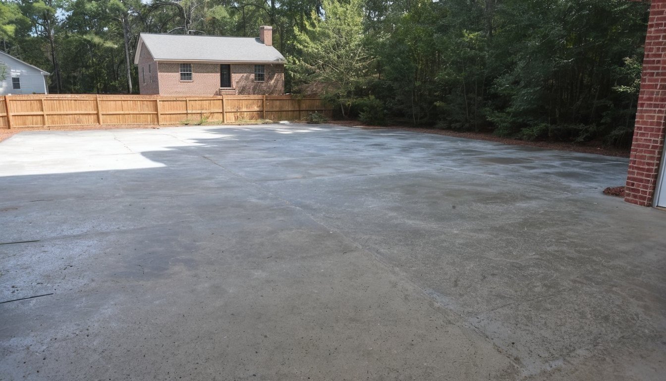 Weathered light gray concrete patio with wear marks before resurfacing, beside a fence in Fayetteville, NC