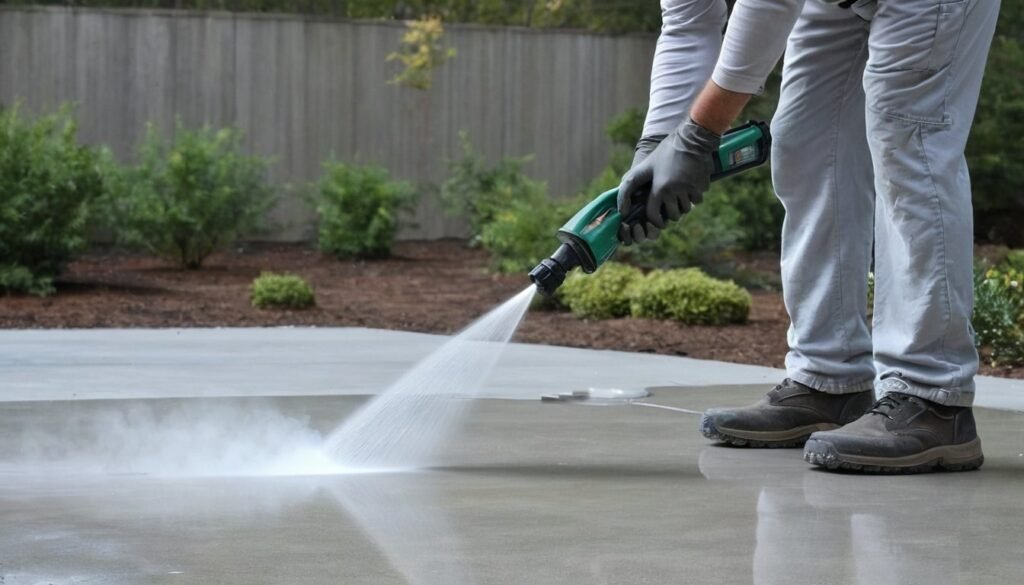 Worker spraying sealer onto a clean light gray concrete patio beside shrubs and a fence in Fayetteville, NC