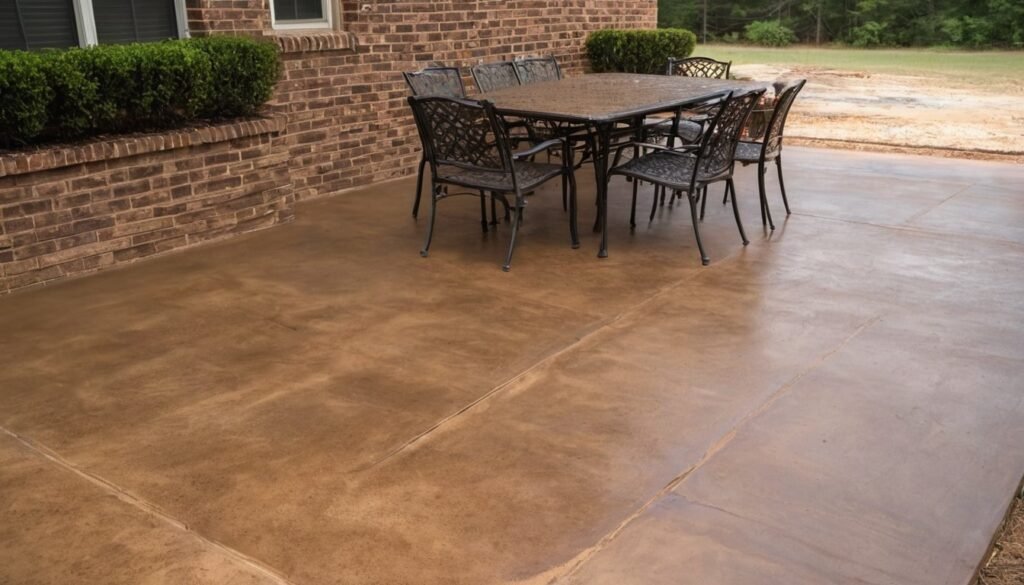 Brown stained and sealed concrete patio with a dining table and chairs beside a brick house in Fayetteville, NC