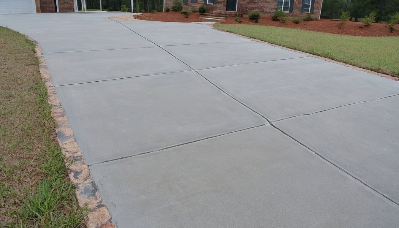 Freshly finished light gray concrete driveway with saw cut joints beside a lawn and a brick home in Fayetteville, NC