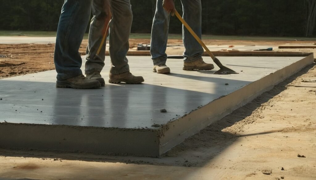 Freshly poured concrete slab with a wooden form edge, a worker's boots and a hand tool in Fayetteville, NC