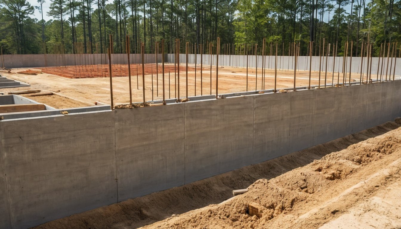 Poured concrete stem wall with rebar sticking up on a building site in Fayetteville, NC