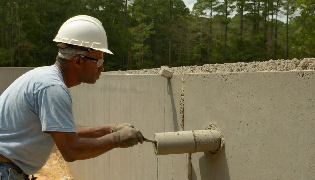 Worker in a hard hat applying a coating to a concrete wall in Fayetteville, NC