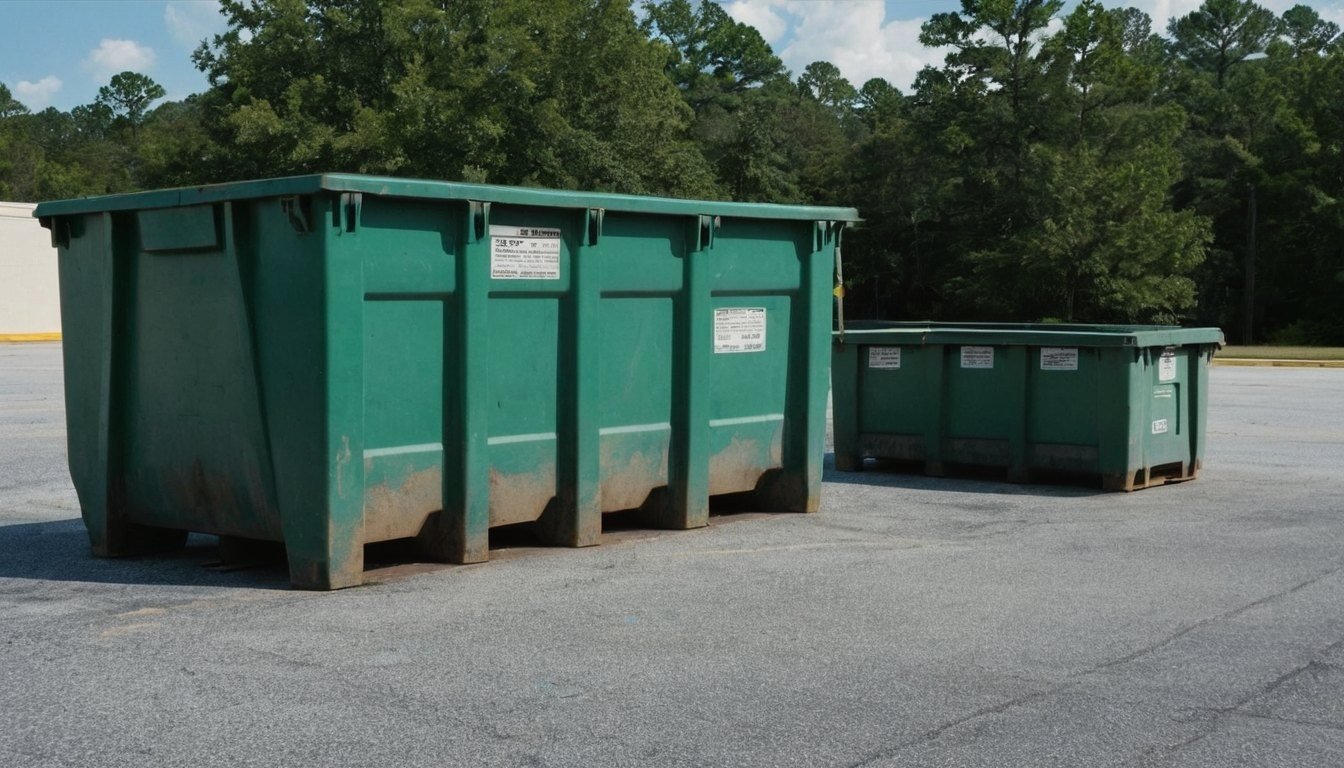 Green dumpsters on a paved lot near trees in Fayetteville, NC