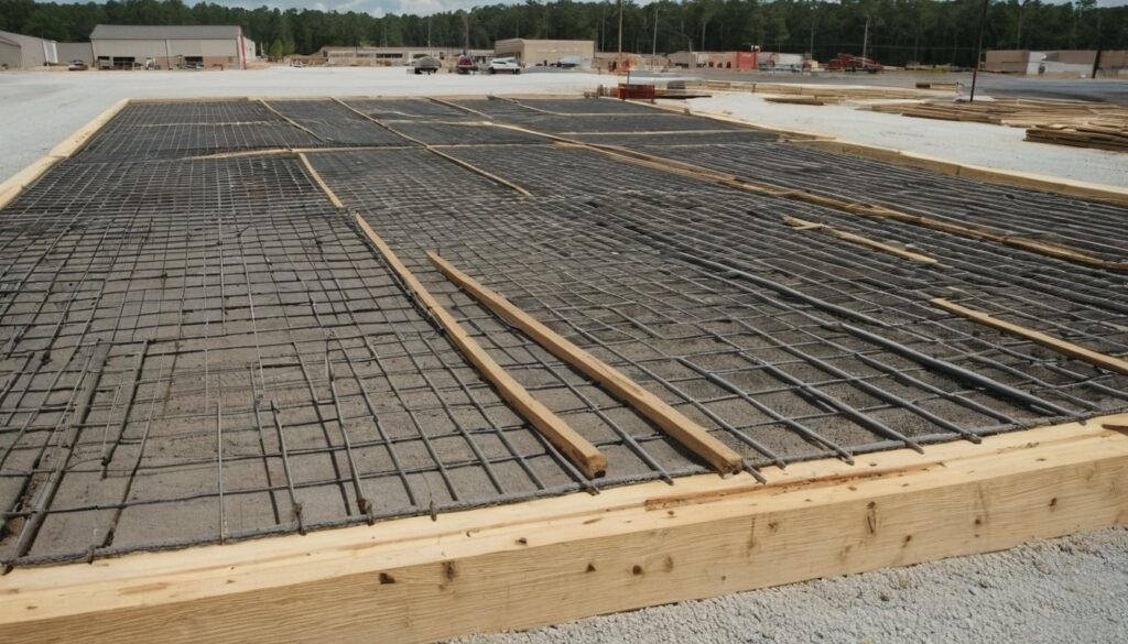Steel rebar grid inside wooden forms laid out for a large concrete pad in Fayetteville, NC