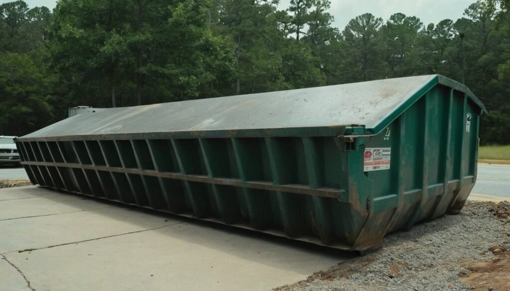 Green roll off dumpster on a gravel and concrete pad in Fayetteville, NC