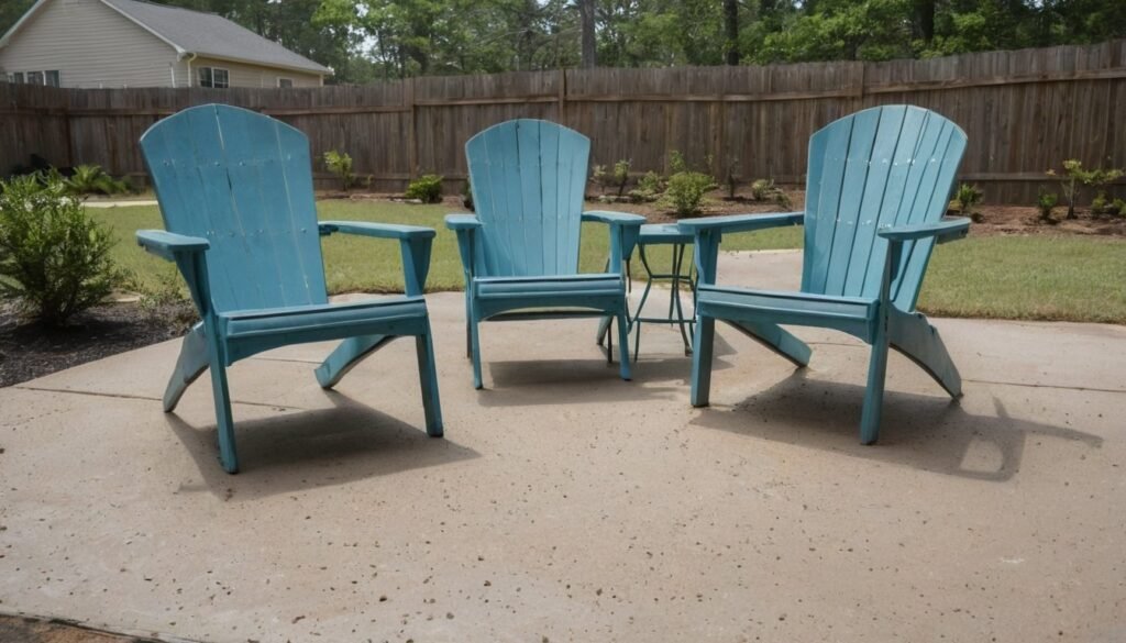 Three blue chairs and a small table on a pale concrete patio in front of a wooden fence in Fayetteville, NC