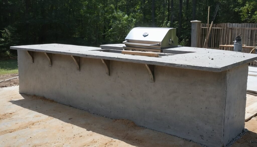 Concrete outdoor kitchen island with a built in grill in Fayetteville, NC