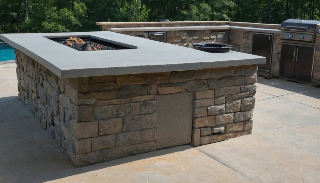 Stone veneer outdoor kitchen island and fire feature on a concrete slab in Fayetteville, NC