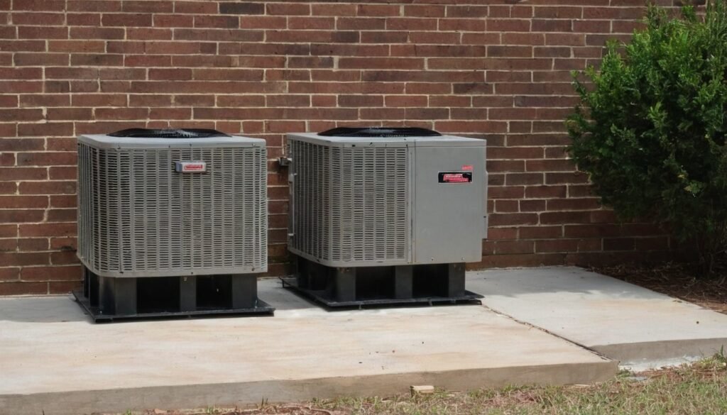 Two air conditioner units on a concrete pad against a brick wall in Fayetteville, NC