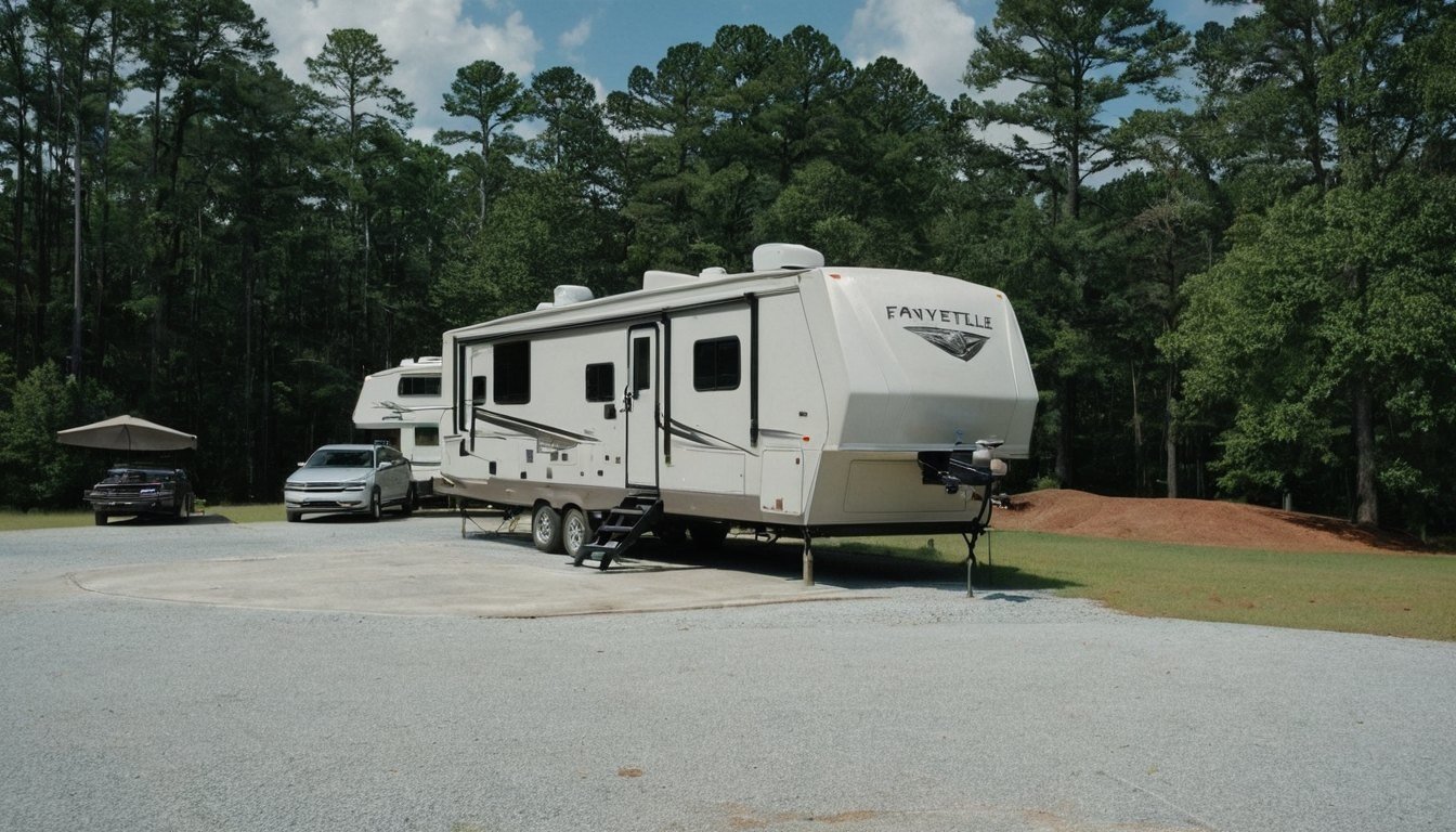 Travel trailer parked on a gravel and paved pad among pine trees in Fayetteville, NC