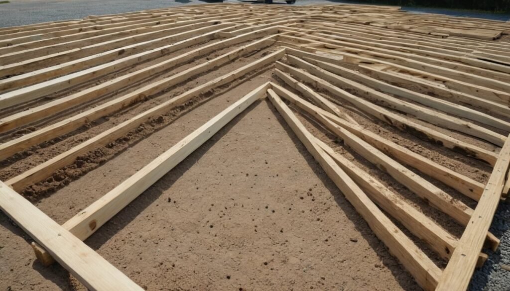 Wooden forms laid out on bare dirt for a long concrete pad in Fayetteville, NC