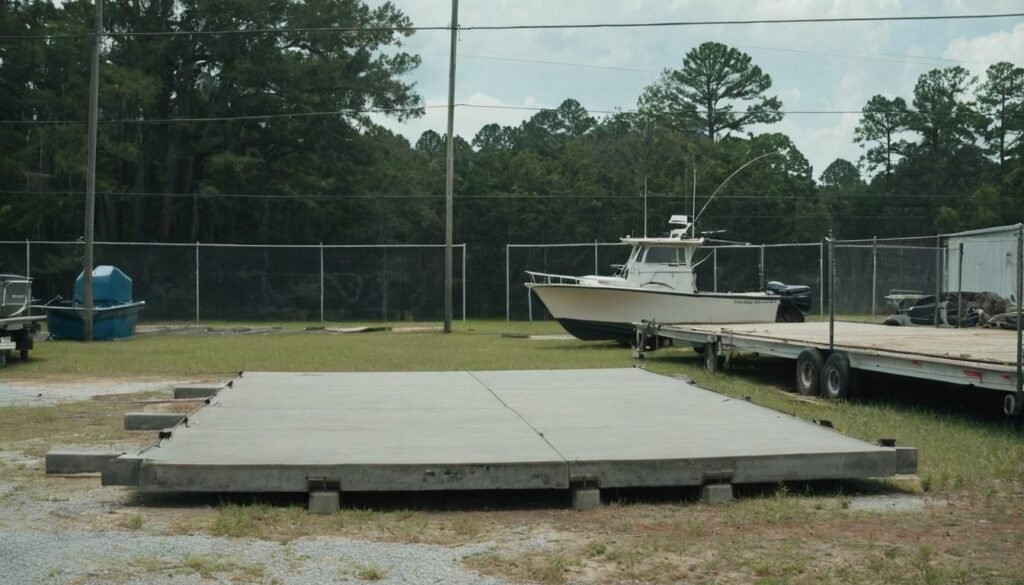 Fishing boat on a trailer beside a small concrete slab in Fayetteville, NC