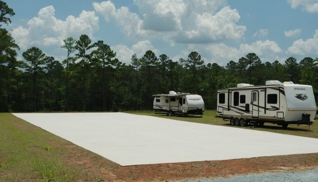 Large pale concrete pad with two campers parked in the distance in Fayetteville, NC