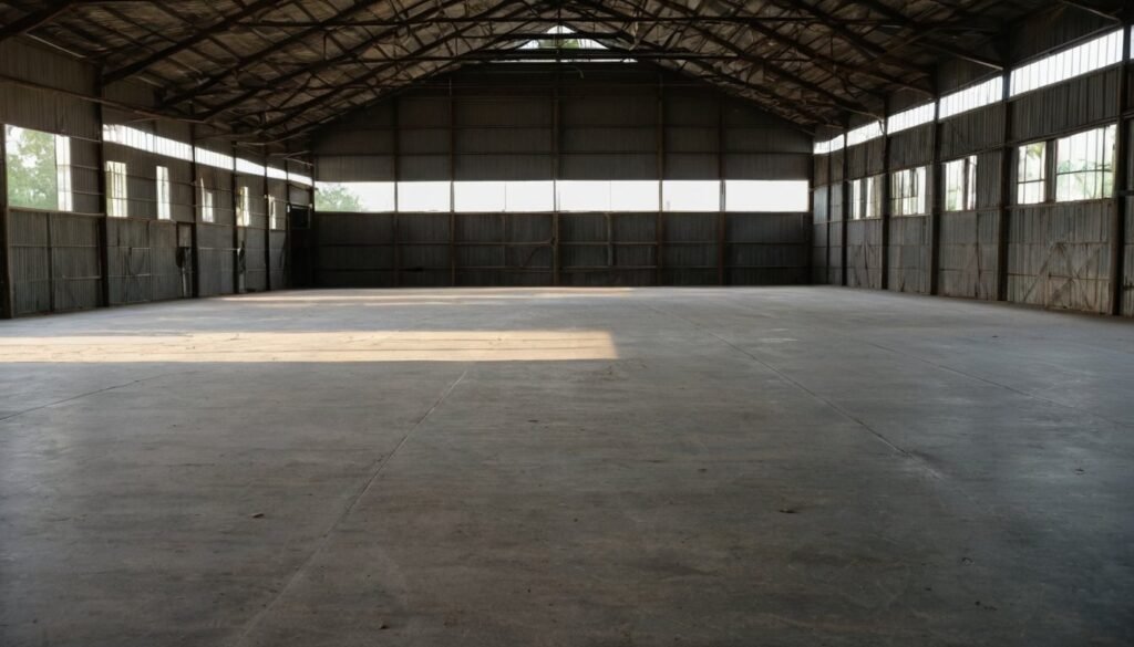 Wide empty concrete floor inside a large metal barn in Fayetteville, NC