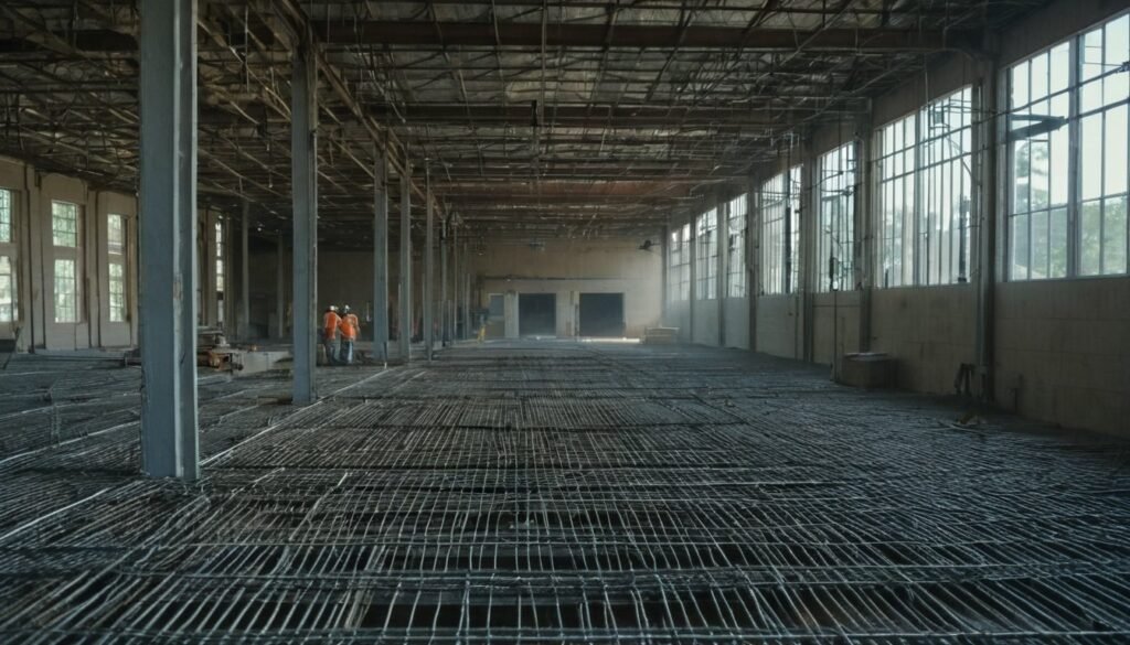Rebar grid laid out inside a large metal building before a concrete pour in Fayetteville, NC