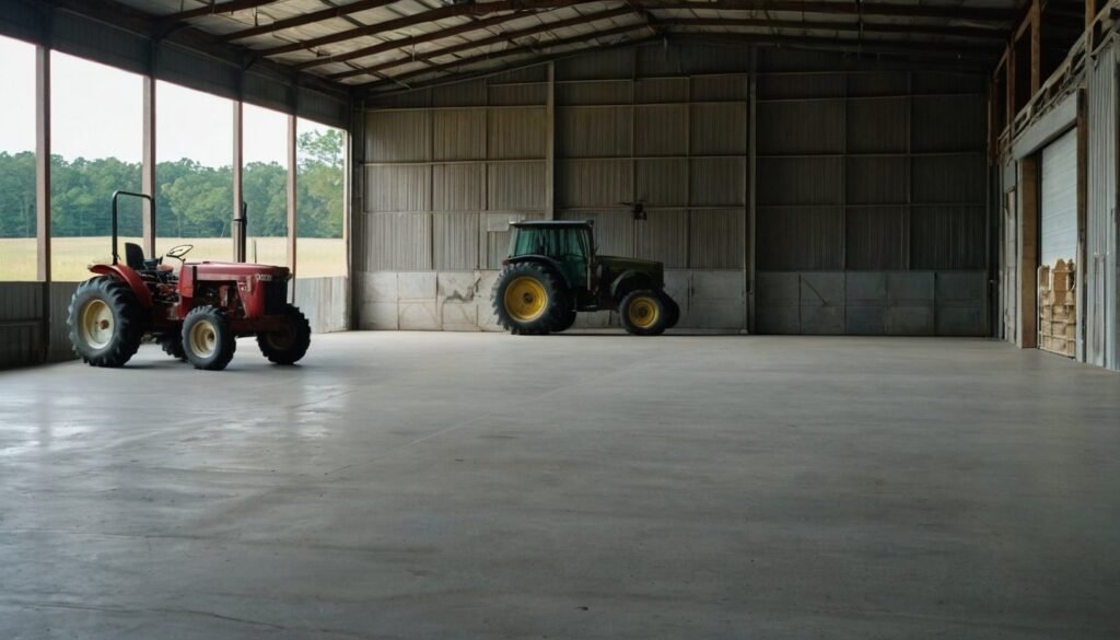 Red and green tractors parked on a smooth concrete floor inside a barn in Fayetteville, NC